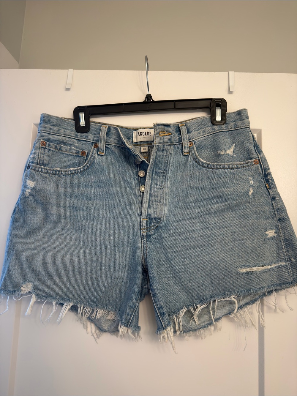 Agolde Light Blue Distressed High-Rise Denim Shorts